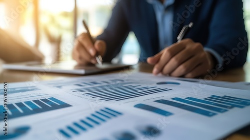 Wallpaper Mural Businessman reviewing financial reports and writing notes with a pen on a desk. Torontodigital.ca