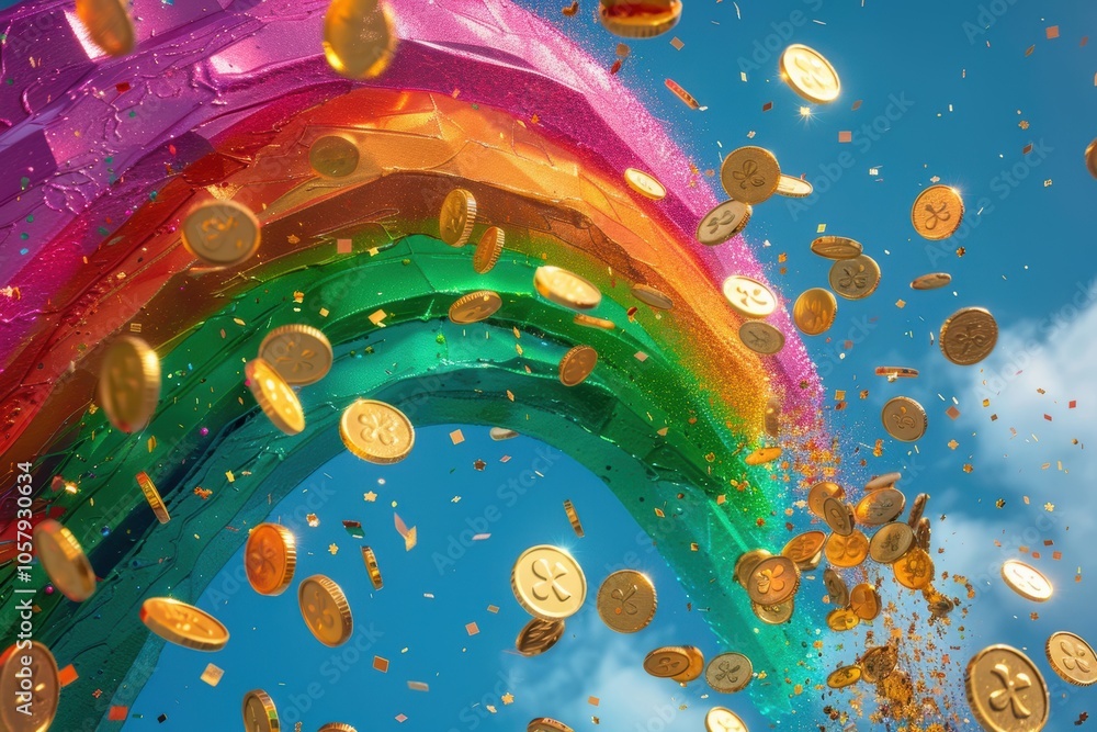 Fototapeta premium Festive St. Patrick's Day Card with Shamrock Rainbow and Falling Gold Coins for Holiday Celebrations