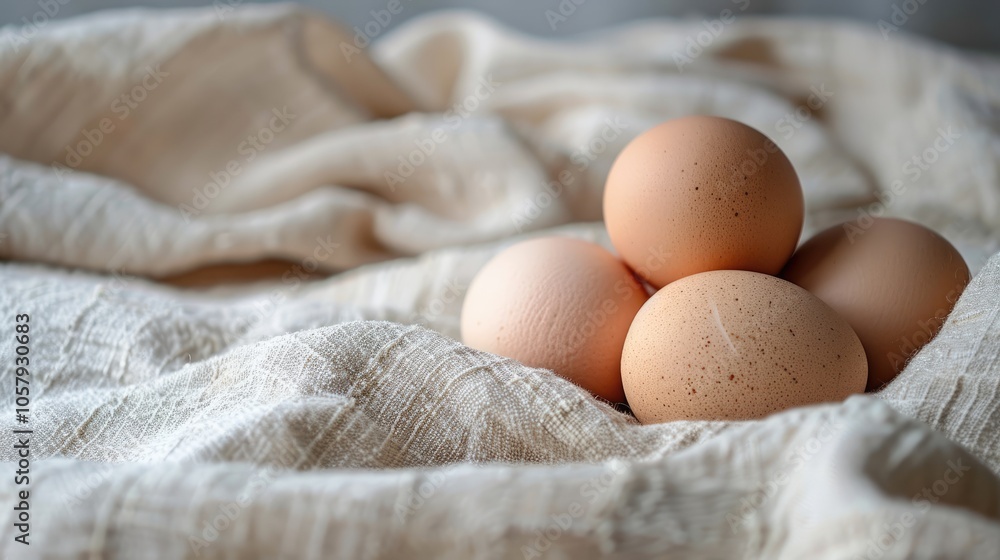 Close-up of chicken eggs on white fabric with copy space, symbolizing organic kitchen and farm-to-table cooking. Close-up of chicken eggs on white fabric with copy space, symbolizing organic kitchen and farm-to-table cooking.