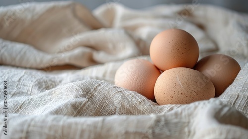 Close-up of chicken eggs on white fabric with copy space, symbolizing organic kitchen and farm-to-table cooking.
