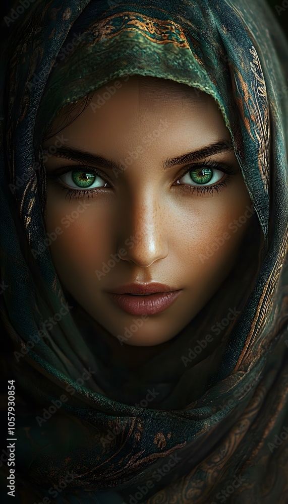 A woman with green eyes wearing a headscarf and veil A woman with green eyes wearing a headscarf and veil