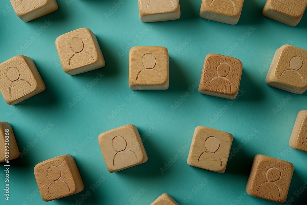 Teal Surface Flat Lay with Wooden Blocks Representing People in a Community. Teal Surface Flat Lay with Wooden Blocks Representing People in a Community.