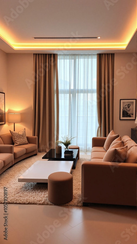 Cozy modern living room with soft lighting and elegant furnishings in daylight