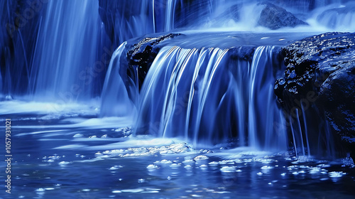 A beautiful waterfall in a forest. The water is crystal clear and the rocks are a deep blue color. The waterfall is surrounded by lush green trees.