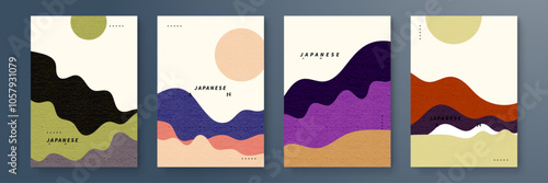 Set of Abstract Japanese Art Posters with Minimalist Design. A collection of four abstract Japanese art posters featuring minimalist design and pastel colors