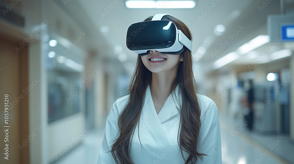 healthcare worker with a slim build, wearing a VR headset, embodies the fusion of technology and healthcare. This image symbolizes innovation, the future of medicine, and patient care advancements healthcare worker with a slim build, wearing a VR headset, embodies the fusion of technology and healthcare. This image symbolizes innovation, the future of medicine, and patient care advancements