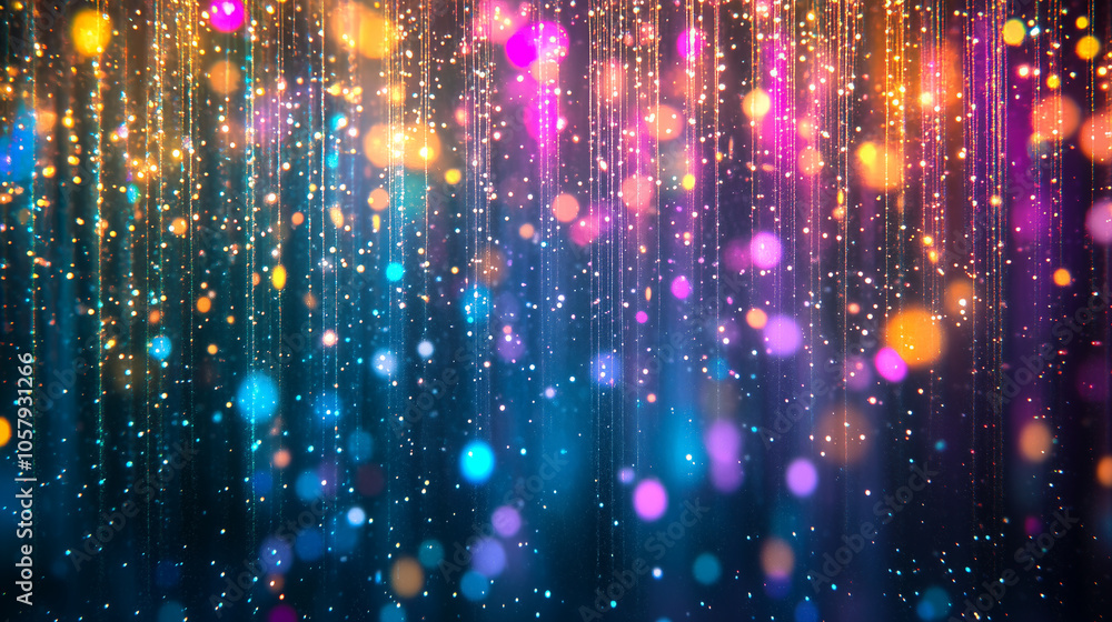 Create an enchanting abstract motion background showcasing a star rain effect with shimmering colorful particles cascading down against a soft bokeh backdrop. The animation should Create an enchanting abstract motion background showcasing a star rain effect with shimmering colorful particles cascading down against a soft bokeh backdrop. The animation should