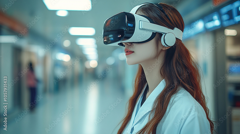 healthcare worker with a slim build, wearing a VR headset, embodies the fusion of technology and healthcare. This image symbolizes innovation, the future of medicine, and patient care advancements healthcare worker with a slim build, wearing a VR headset, embodies the fusion of technology and healthcare. This image symbolizes innovation, the future of medicine, and patient care advancements