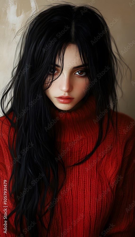 A woman with long black hair wearing a red sweater A woman with long black hair wearing a red sweater