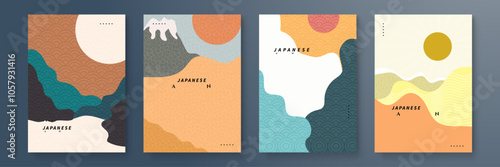Set of Abstract Japanese Art Posters with Minimalist Design. A collection of four abstract Japanese art posters featuring minimalist design and pastel colors