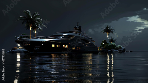 The image is a dark and mysterious yacht at anchor in a tropical setting. The yacht is sleek and modern, with a black hull and superstructure.