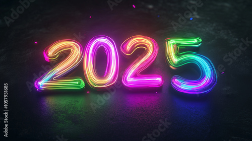 Create a vibrant 3D animation of the year '2025' glowing in neon colors on a sleek black background. The text should pulse with energy, showcasing a futuristic design with electric