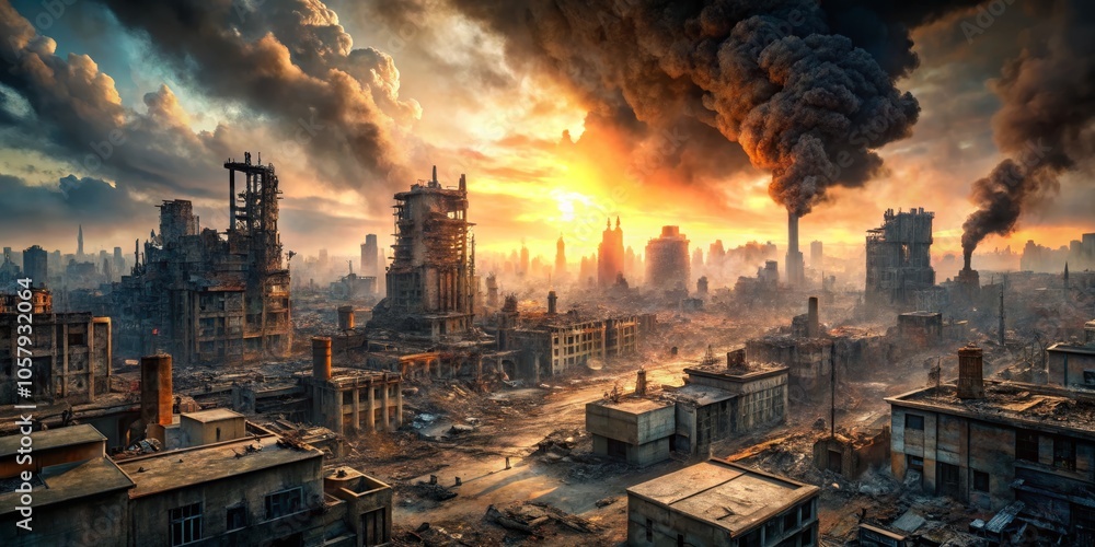 Apocalyptic Dystopia Dramatic Panoramic View of Smoke-Enshrouded Cityscape at Sunset, Symbolizing Desolation and Survival Apocalyptic Dystopia Dramatic Panoramic View of Smoke-Enshrouded Cityscape at Sunset, Symbolizing Desolation and Survival