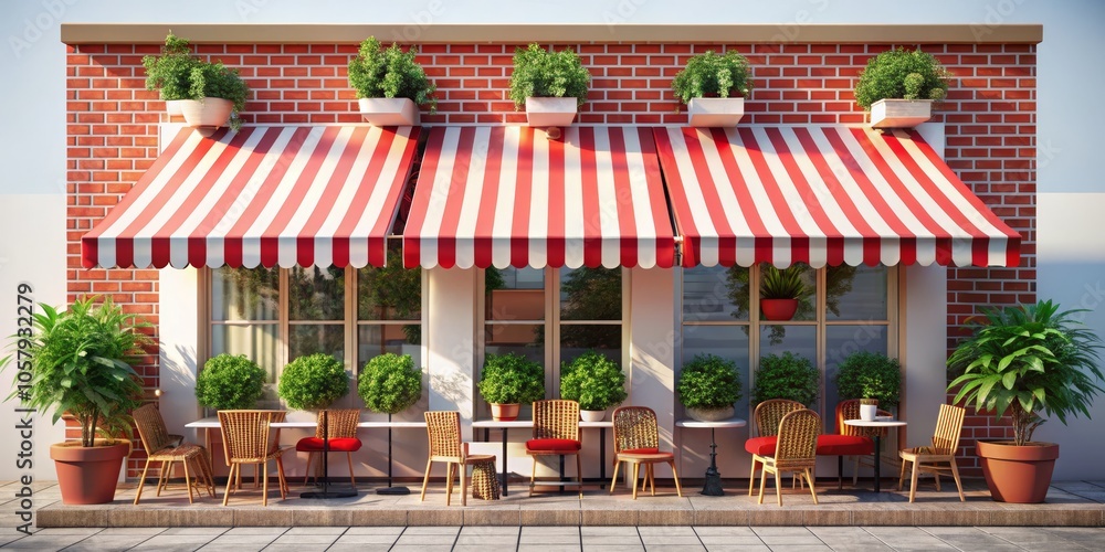 Charming Cafe Facade with Red and White Striped Awning, Sunny Patio, Urban Oasis - Inviting Outdoor Dining Scene for Marketing, Design Projects