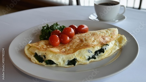 A delicious omelette, paired with vibrant greens and cherry tomatoes, is elegantly plated next to a cup of steaming coffee.