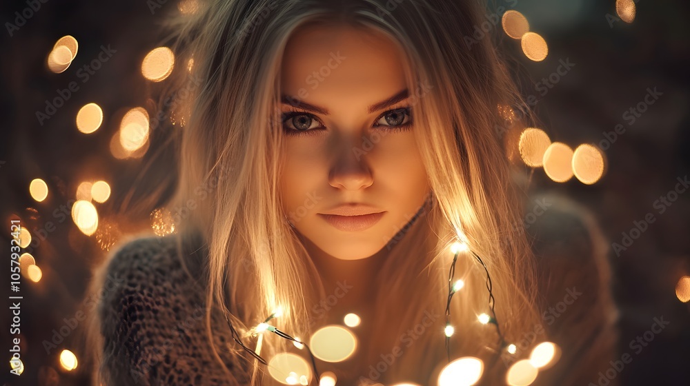 A woman with long blonde hair holding a string of lights A woman with long blonde hair holding a string of lights