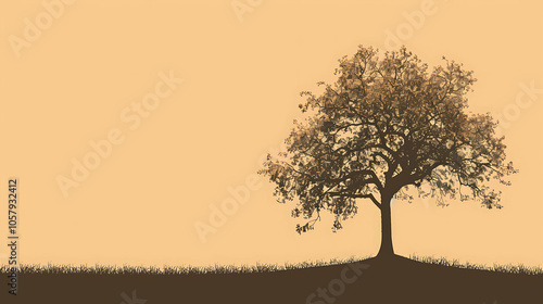 The image is a simple illustration of a tree with a few branches and leaves. The tree is dark brown and the background is a light orange.