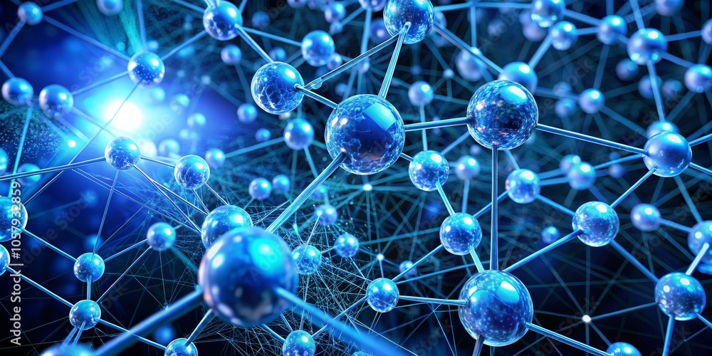 Dramatic 3D Molecular Structure Network Interconnected Spheres in Blue Light, Scientific Complexity and Discovery Concept, Macro View for Chemistry, Physics, or Abstract Art Dramatic 3D Molecular Structure Network Interconnected Spheres in Blue Light, Scientific Complexity and Discovery Concept, Macro View for Chemistry, Physics, or Abstract Art