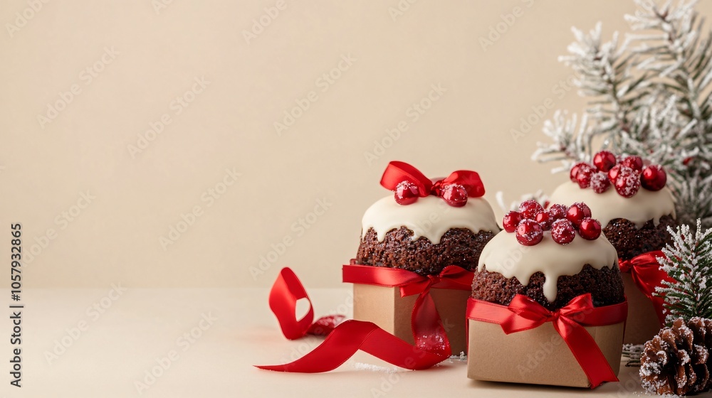 Miniature Christmas puddings in gift boxes isolated on a cream background, with red ribbons and frosted pine Miniature Christmas puddings in gift boxes isolated on a cream background, with red ribbons and frosted pine