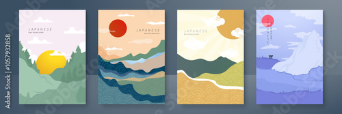 Set of Abstract Japanese Art Posters with Minimalist Design. A collection of four abstract Japanese art posters featuring minimalist design and pastel colors