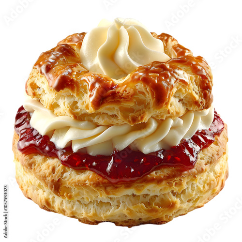 A classic British scone with clotted cream and a dollop of strawberry jam on the side. Isolated on White Background photo