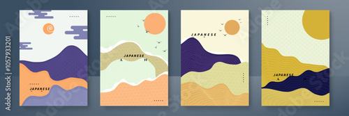 Set of Abstract Japanese Art Posters with Minimalist Design. A collection of four abstract Japanese art posters featuring minimalist design and pastel colors