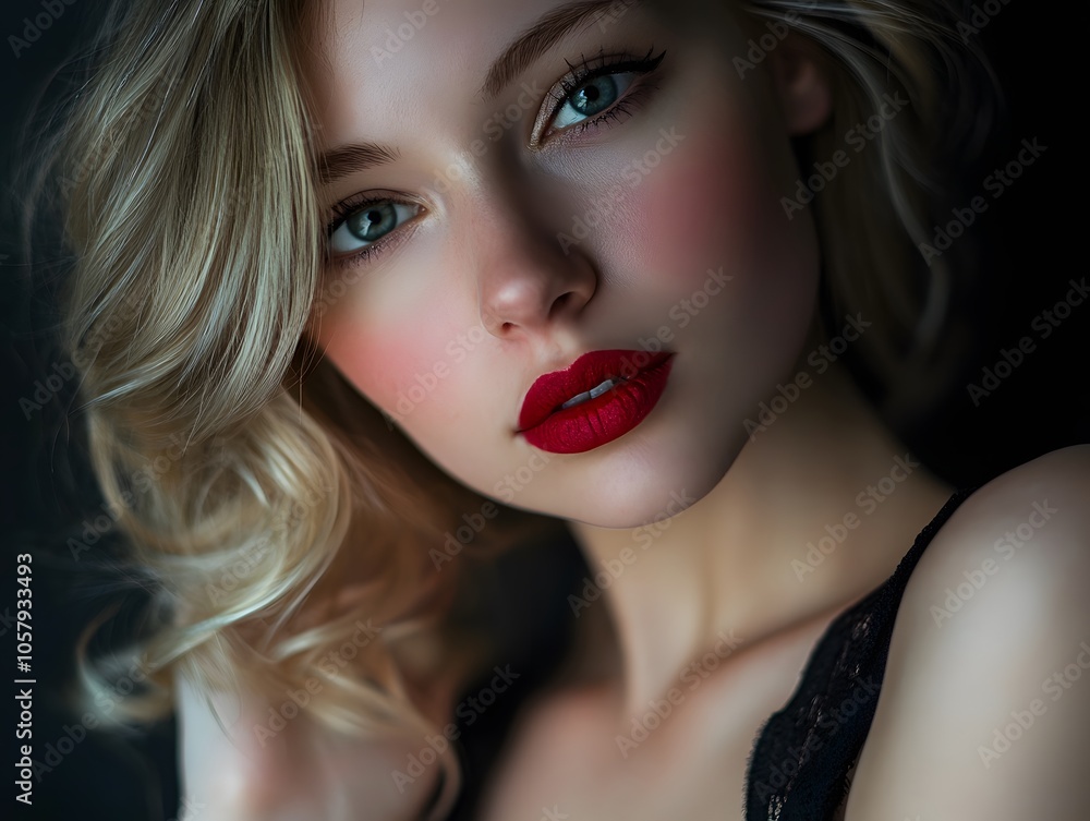 A woman with red lips and a blonde hair posing for the camera A woman with red lips and a blonde hair posing for the camera