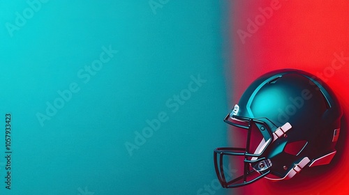  Football helmet on top of a blue and red wall next to a green and red wall with a red and blue background
