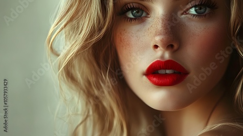 A woman with red lips and a blonde hair posing for the camera