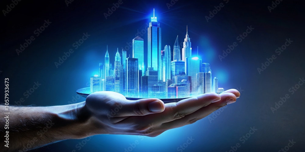 Futuristic Cityscape Glowing in Hand - Technology Innovation Concept on Dark Blue Background Futuristic Cityscape Glowing in Hand - Technology Innovation Concept on Dark Blue Background