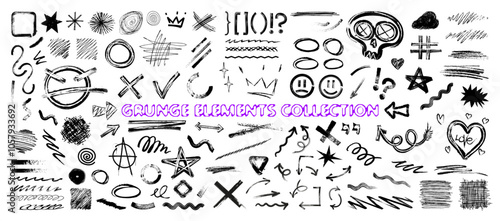 Highlighters markers, doodle and other notepad notes. Vector graphic box, scribble, underline, sketch, highlighters. Hand drawn elements: round lines, doodle, arrows, signs, symbols. Vector squiggles