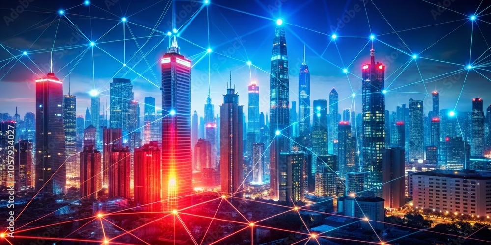 Futuristic Urban Connectivity Glowing Network Lines Illuminate Night Cityscape, Modern Technology Concept Futuristic Urban Connectivity Glowing Network Lines Illuminate Night Cityscape, Modern Technology Concept