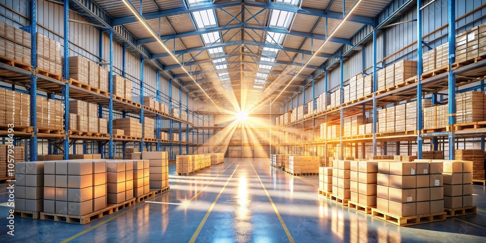 Industrial Illumination Symmetrical Warehouse Space with Cardboard Boxes, Beams of Light, and Vast Potential Industrial Architecture Perspective Industrial Illumination Symmetrical Warehouse Space with Cardboard Boxes, Beams of Light, and Vast Potential Industrial Architecture Perspective