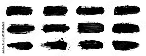 Black paint strokes with splatters and drops, dirty style. Grunge brush stroke stencil. Artistic paint stroke texture, splatter stains, callout for text. Grunge ink collection, vector graphic

