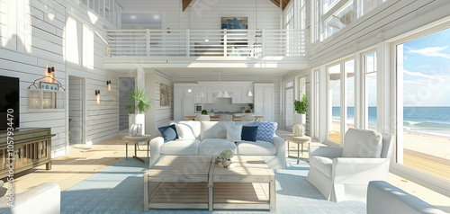 airy ocean view vacation cottage style  home with white and blue color theme decoration design 