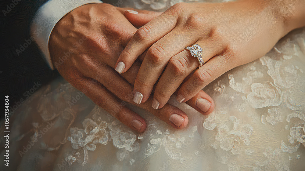 the bride 's hand with the big engagement sparkling diamonds white platinum ring and beautiful manicure with white design nails holding the groom's hand the bride 's hand with the big engagement sparkling diamonds white platinum ring and beautiful manicure with white design nails holding the groom's hand