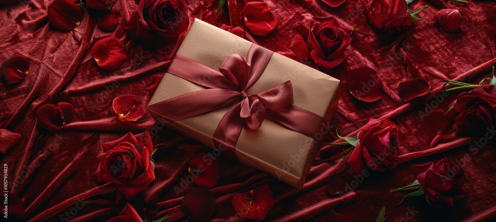 Elegant Valentine's Day Gift Box on Red Velvet with Satin Ribbon and Rose Petals Elegant Valentine's Day Gift Box on Red Velvet with Satin Ribbon and Rose Petals