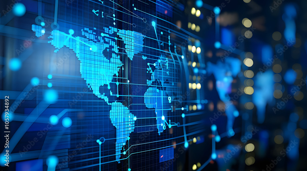 digital connectivity and global map on blue server. generative ai digital connectivity and global map on blue server. generative ai