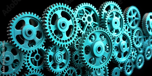 Wallpaper Mural Mechanical Symphony Close-Up Teal Gears in Dynamic Motion on Black - Industrial Precision and Complexity - Futuristic Technology Concept Torontodigital.ca