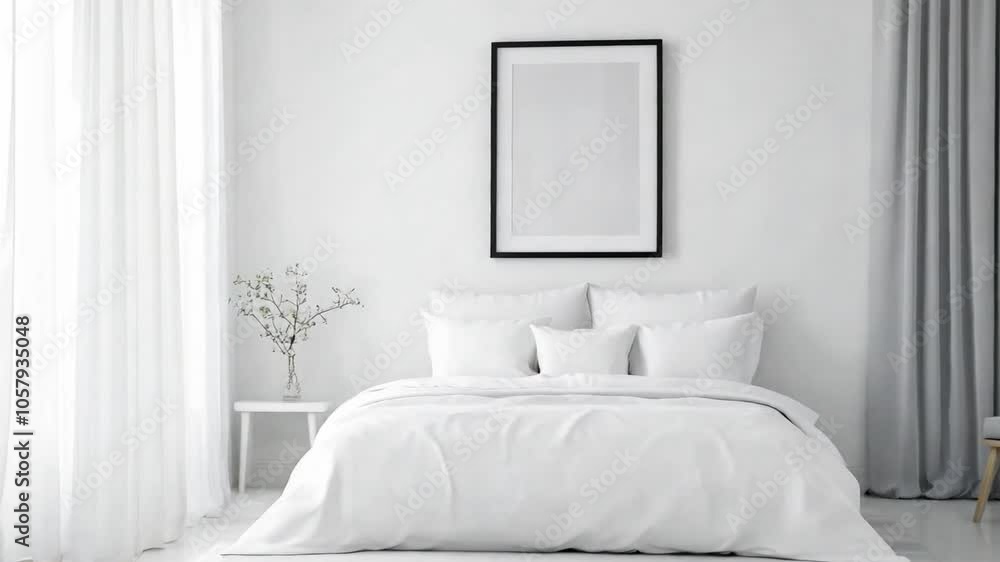 Minimalist bedroom with white bedding and natural light in a modern interior setting Minimalist bedroom with white bedding and natural light in a modern interior setting