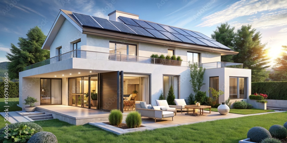 Modern Eco-Friendly Two-Story House with Solar Panels and Lush Garden ...