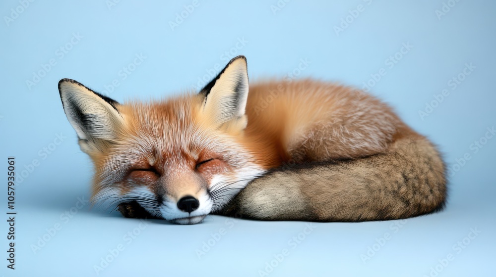 Obraz premium A peaceful fox curls up, sleeping cozily on a pastel blue surface, embodying restfulness and natural grace.