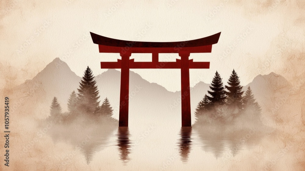 Naklejka premium An ultrahigh-detail photograph of a traditional japanese torii gate surrounded by serene nature and majestic mountains