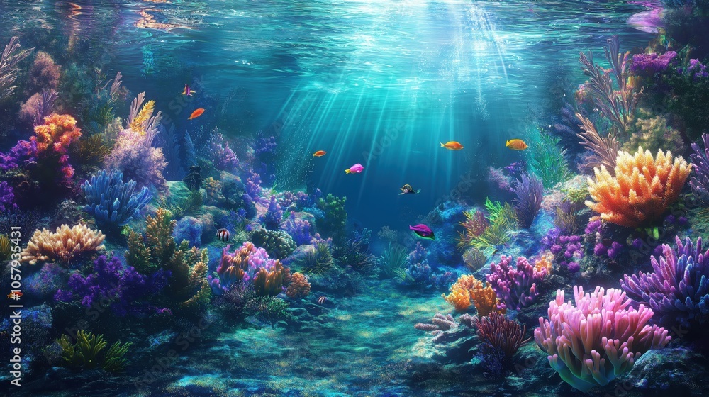 Obraz premium A vibrant coral garden filled with colorful corals and tropical fish swimming in clear blue water.