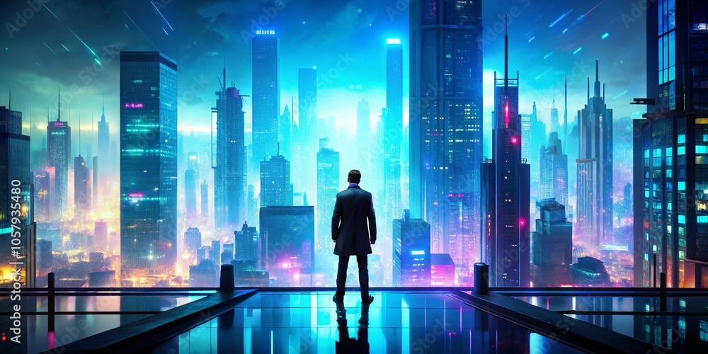 Neon Nights Cyberpunk Cityscape with Contemplative Man in Suit Overlooking Futuristic Metropolis at Night - Futuristic Urban Wonderland in Vivid Blues and Purples Neon Nights Cyberpunk Cityscape with Contemplative Man in Suit Overlooking Futuristic Metropolis at Night - Futuristic Urban Wonderland in Vivid Blues and Purples