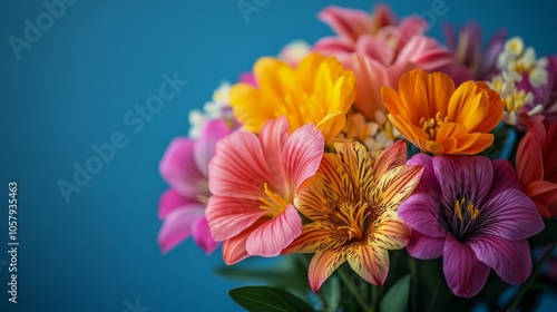 Colorful floral arrangement featuring various blooms against a bright blue ba...