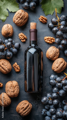 An arranged display of red and green grapes alongside nuts and a wine bottle ...