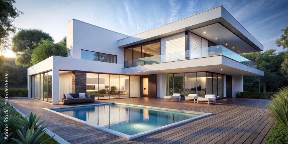 Fototapeta premium Serene Luxury Modern White House and Pool Oasis in Tranquil Forest Setting Sophisticated Outdoor Living Real Estate, Lifestyle, Relaxation