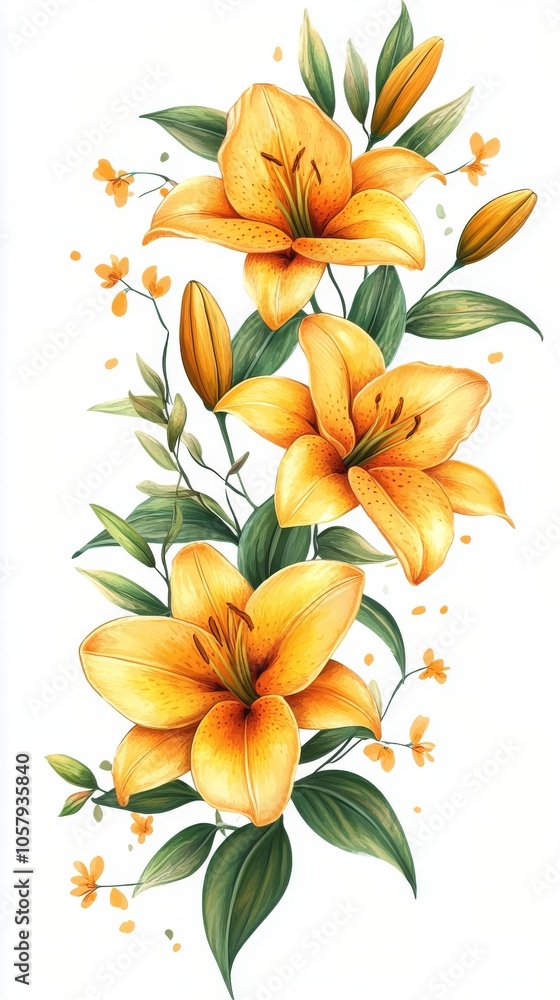 Yellow lilies with green leaves in a simple and elegant illustration Yellow lilies with green leaves in a simple and elegant illustration