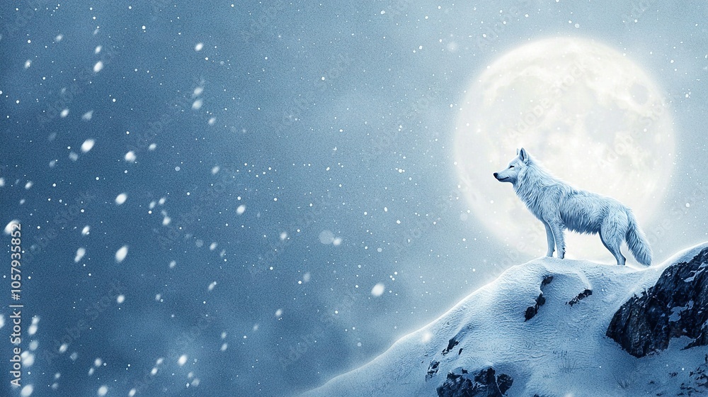 Naklejka premium White wolf on snow-capped peak under full moon